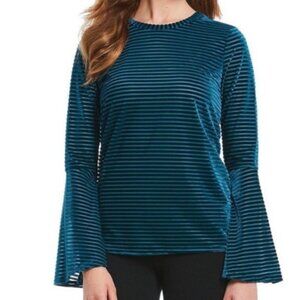 MICHAEL Michael Kors Teal Blue velvet and sheer Striped Flare Sleeve Top